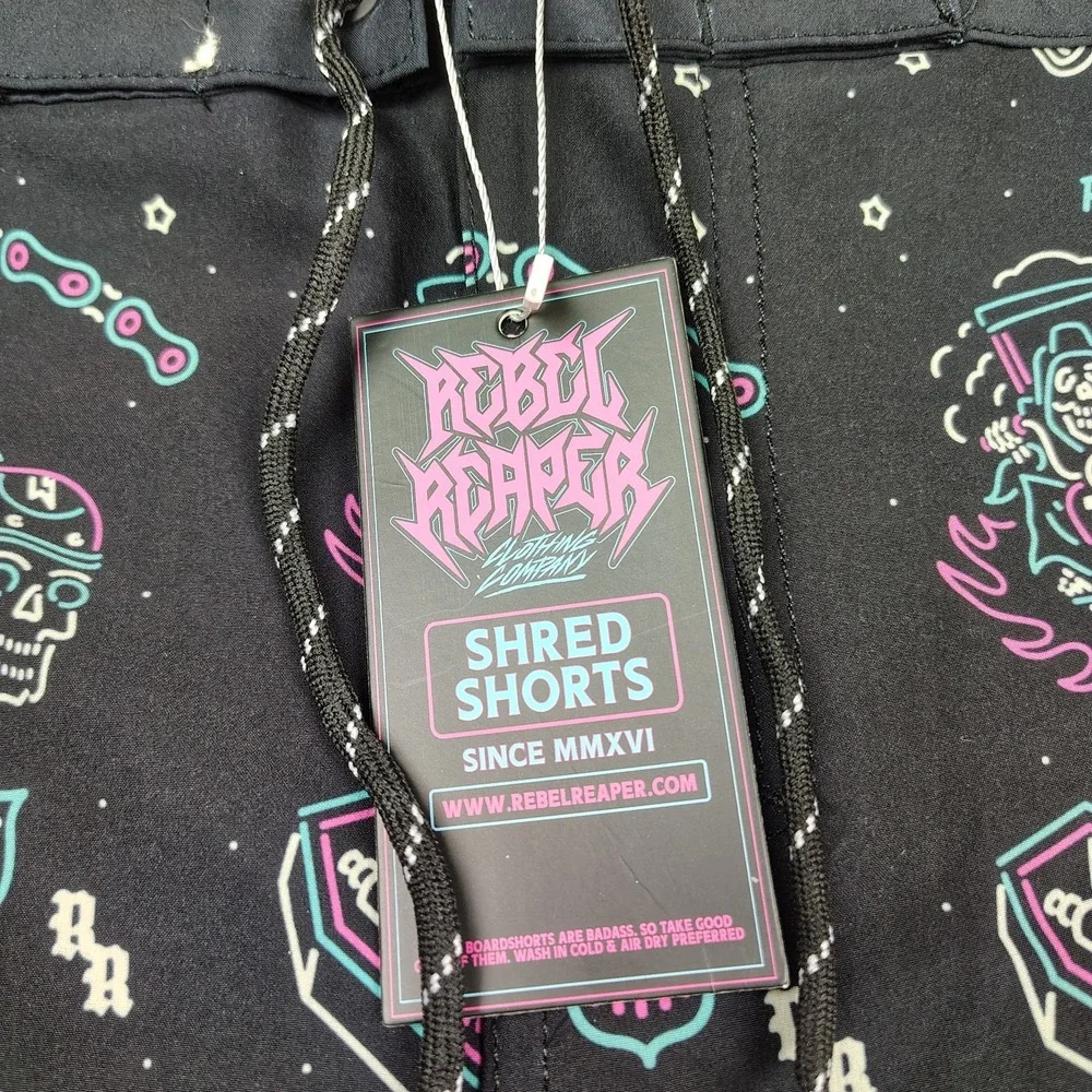 Rebel Reaper Boardshorts Swim Trunks Men 3XL Black Shorts Tattoo Print Biker NEW